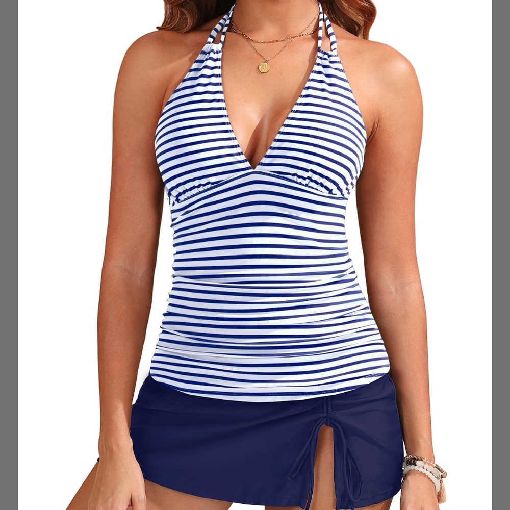 ♥️Yonique 2 Piece Swimsuits for Women Halter Tankini Top with Skirt Bottom 18W